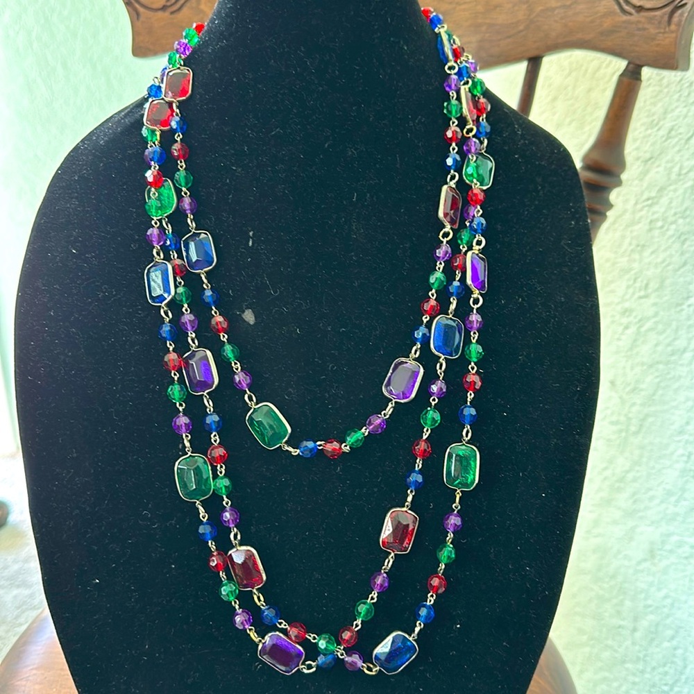 Vintage long beaded ted, green, purple and blue necklace.  ❤️💚💙💜